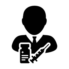 First aid icon vector with vaccine syringe male user person profile avatar symbol for medical and healthcare treatment in a glyph pictogram illustration