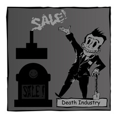 Black humor. Caricature: Funeral Home Sale. Death Industry
