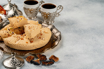Close up photo of halva dessert on silver plate