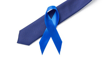 Ribbon cancer. Awareness prostate cancer of men health in November. Blue ribbon, fashion tie...