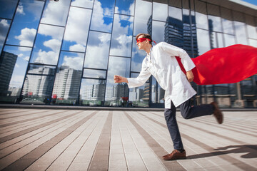 Fototapeta premium medic superhero hurries to the sick city resident.