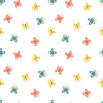Seamless children pattern of multicolored butterflies. Cartoon butterfly print pattern