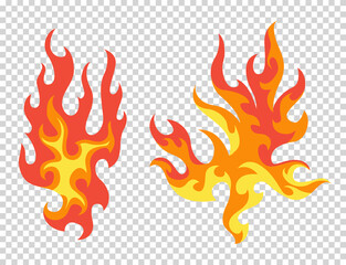 Set of red and orange fire flame. Flames of different shapes. Fireball set, flaming symbols. Idea of energy and power. Collection of hot flaming element. Vector icons in cartoon style