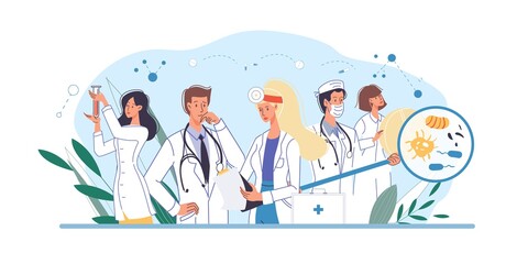 Fototapeta premium Set of cartoon flat doctor characters and nurses in uniform,laboratory coats with medical devices-medic team,various poses and persons