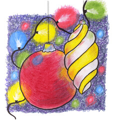 Colorful illustration of Christmas ball hanging in violet textured square. String of lights with Xmas ornament. Hand-drawn with colored pencils bauble for social media post, sublimation, greeting card