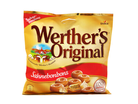 BUCHAREST, ROMANIA - AUGUST 29, 2016. Werther\'s Original Classic Cream Candies isolated on white