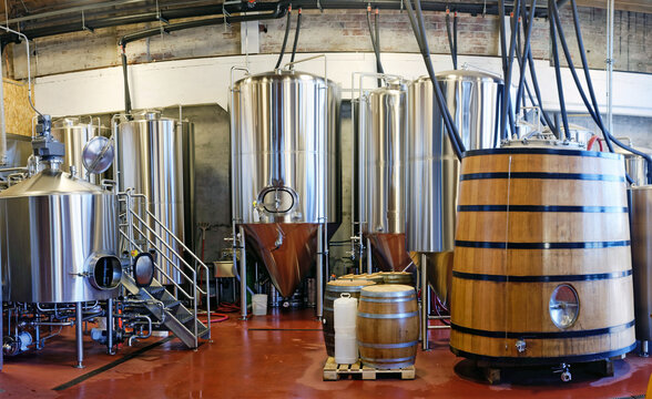 Craft brewery fermentation tanks.