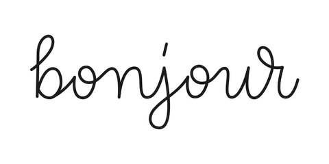 Bonjour hello in french phrase handwritten by one line. Monoline vector text element isolated on white background. Simple inscription © alesika
