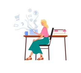 Cartoon flat character surfing internet indoor at home interior - web chat,social networking service,online education,messenger communication,freelance remote work concept