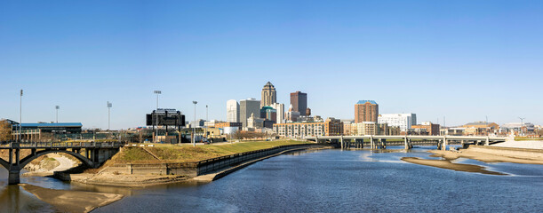 Panorama of Downtown Des Moines with bridges over the confluence of the Des Moines and Raccoon...