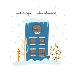 Merry Christmas happy new year hand drawn vector illustration Winter cozy house with garland, xmas trees, snowflakes. Postcard with lettering, 25 december