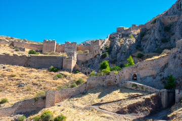 Fototapeta na wymiar Greece, Acrocorinth, Upper Corinth, the acropolis of ancient Corinth, is a monolithic rock overseeing the ancient city of Corinth
