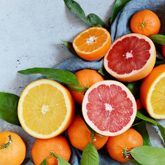 Citrus fruits orange, lemon, grapefruit, mandarin, lime. Fresh fruits. Mixed fruits background. Healthy eating, dieting, healthy breakfast. Background of healthy fresh fruits. 
