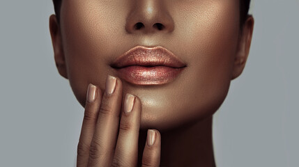 Beauty woman face closeup, lips and nails close-up, beautiful model girl's mouth, healthy skin. Make-up. Beauty woman makeup - obrazy, fototapety, plakaty