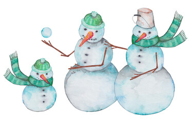 snowmen family mom dad child, postcard, watercolor