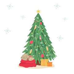 Cute hand drawn Christmas tree with gifts boxes and presents. Cute modern illustration in hand drawn style.
