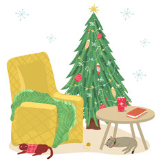 A cozy New Year's room is decorated for Christmas. Christmas tree with toys, a cup of cocoa, a book, sleeping cats. Cute vector illustration in hand drawn flat style.