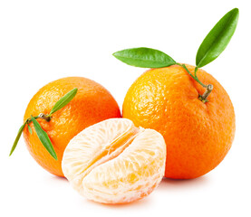 Tangerines or clementines with green leaf on white. Package design element