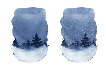 Watercolor vector winter night landscape with falling snow.
