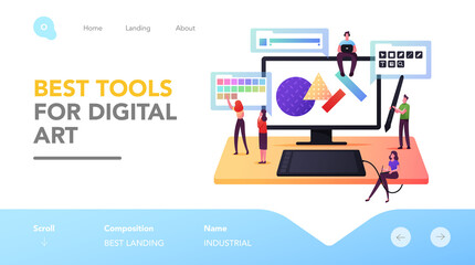 Creative Digital Art Landing Page Template. Tiny Male and Female Graphic Designer Characters Drawing on Huge Computer