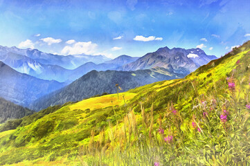Fototapeta premium Beautiful landscape with green hills and mountais