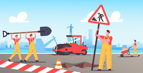 Naklejka premium Road Repair with Construction Machines and Working Male Characters. Rolling Heavy Vehicles Making Asphalt Maintenance