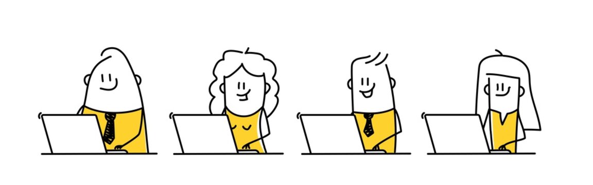 Funny stick figures with positive emotions working on laptop.