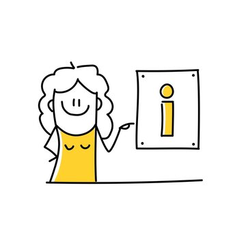 Smiling business stick figure girl with information icon. 