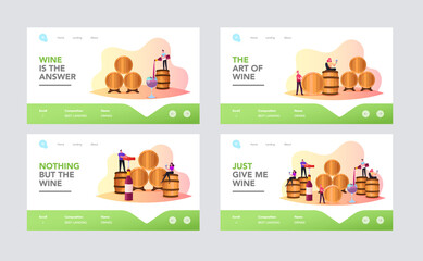 Characters Wine Degustation in Vault Landing Page Template Set. People Hold Wineglasses Tasting Alcohol Drink in Cellar