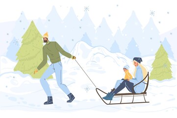 Flat cartoon family characters doing winter outdoor activities,sledging in snow,merry christmas,happy New Year holiday concept
