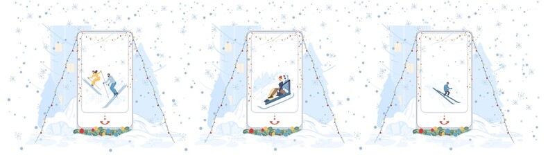 Flat cartoon family characters doing winter outdoor activities,skiing on mobile device screen,merry Xmas,happy New Year holiday concept