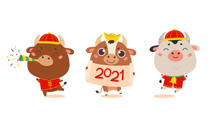 Christmas design template with oxen in traditional costume.Cute bulls with gold money.New year design of poster, card, headers website and sale concept.Vector cartoon illustration on white background.