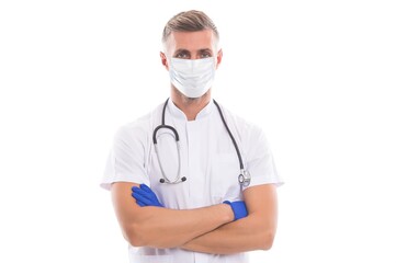 medical worker man physician in respirator mask and rubber gloves with phonendoscope isolated on white provide medical care to patients during coronavirus pandemic, covid19