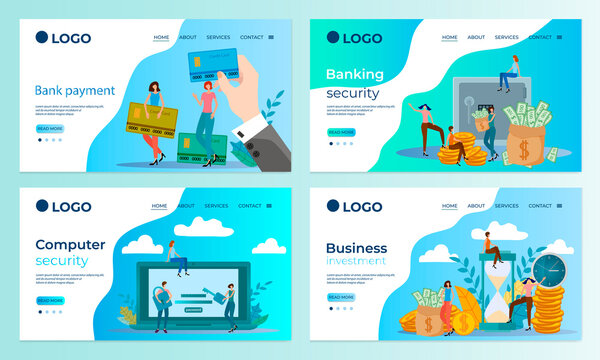 A set of landing page templates.Bank payments, Bank security, computer security, business investment.Templates for use in mobile app development.Flat vector illustration.