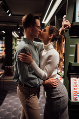 Love story, couple walking at the old city, library and cafe