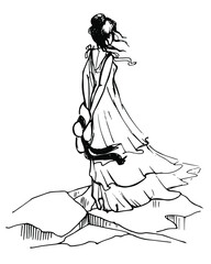 a girl with a hat in her hand stands on a rock and looks into the distance, a contour black and white drawing drawn by hand isolated on a white background