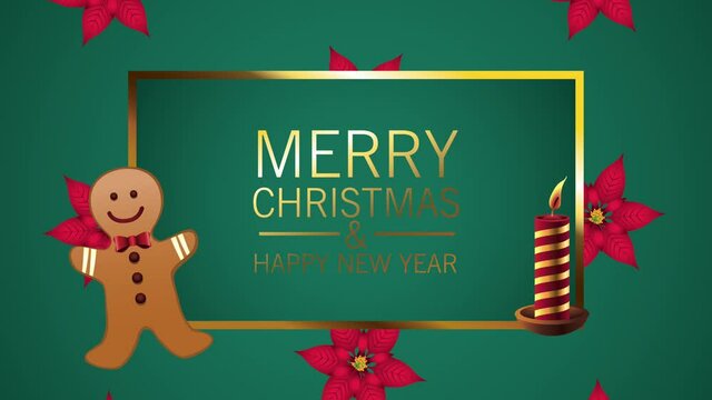 happy merry christmas lettering card with gingerman