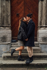 Love story, couple walking at the old city, library and cafe