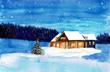 Watercolor hand drawn winter holiday card. Cozy winter. Snow landscape artwork.