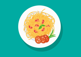 Vector plate of spaghetti with tomatoes and sausage, pasta dishes. Food illustration