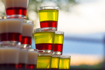 Close up view on colored glass shots