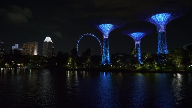 night illumination singapore city famous garden magic trees flyer riverside panorama 4k