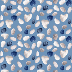 watercolor seamless pattern. Hand-drawn shells, pebbles, stones.
Great for wallpaper, textiles, packaging design.
