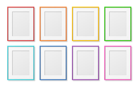 Vector 3D Reaistic Wooden, Plastic Simple Modern Minimalistic A4 Colored Picture Frame Set Isolated on White Background. Design Template for Mockup, Presentations, Art Projects, Photos