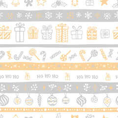 Vector seamless pattern with hand drawn Christmas elements. Cute design for wrappings, textile and backgrounds