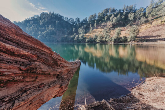 Landscape of Ranu Kumbolo lake between two valleys in java. Path of Semeru Mountain