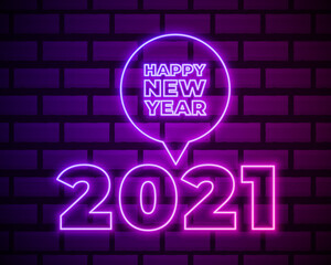 2021 Neon Text. 2021 New Year Design template. Light Banner. Vector Illustration. New 2021 Year sign in neon design on brick wall background.
