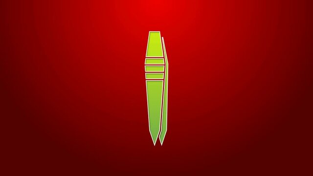 Green line Tweezers icon isolated on red background. 4K Video motion graphic animation