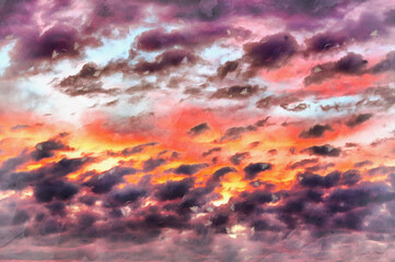 Clouds on sunset sky colorful painting