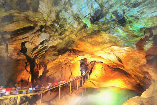 New Athos Cave interior colorful painting looks like picture, Abkhazia.